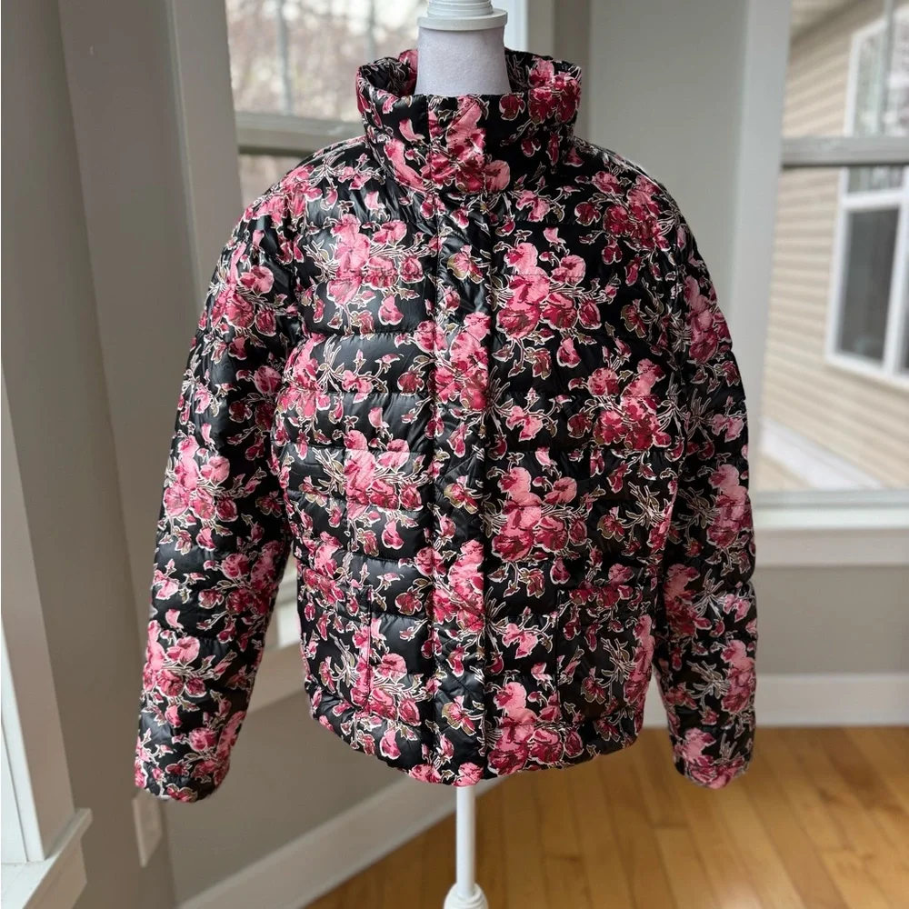 Lands’ End Black Pink Floral Cropped Puffer Jacket Size Girls XL Fits Women S-M